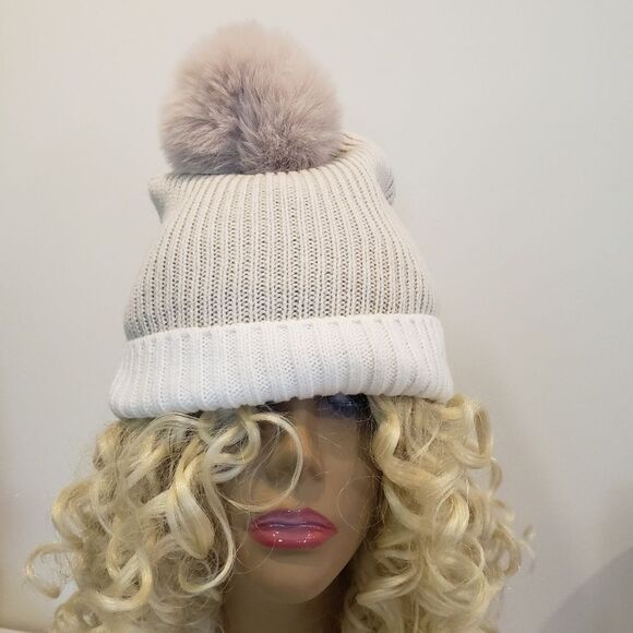 Cream/White Pom-Pom Beanie - Picture 1 of 7